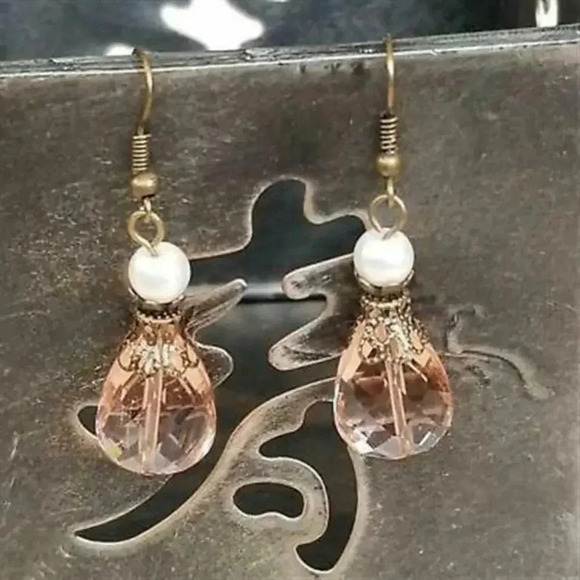Handmade Steampunk Pink Faceted Glass Teardrop Antiqued Brass Dangle Earrings - Picture 2 of 5